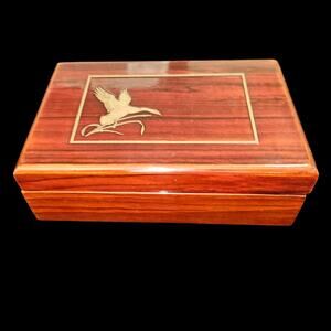 Vintage Wooden Jewelry Trinket Box Flying Duck Brass Inlay Made in Korea